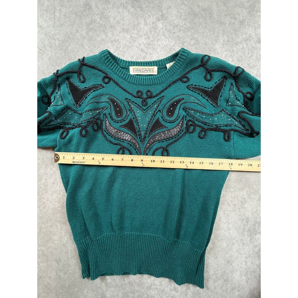 Evan Davies Vintage Womens Small Sweater Ramie Cotton Teal Western Applique - Picture 8 of 9